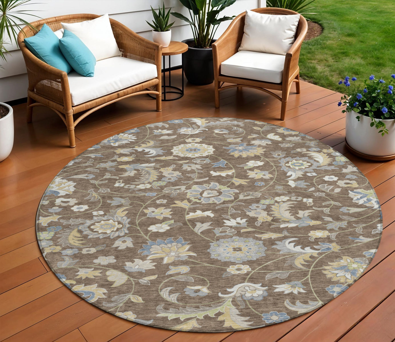 8' Chocolate Beige And Blue Round Floral Washable Indoor Outdoor Area Rug - Outdoor