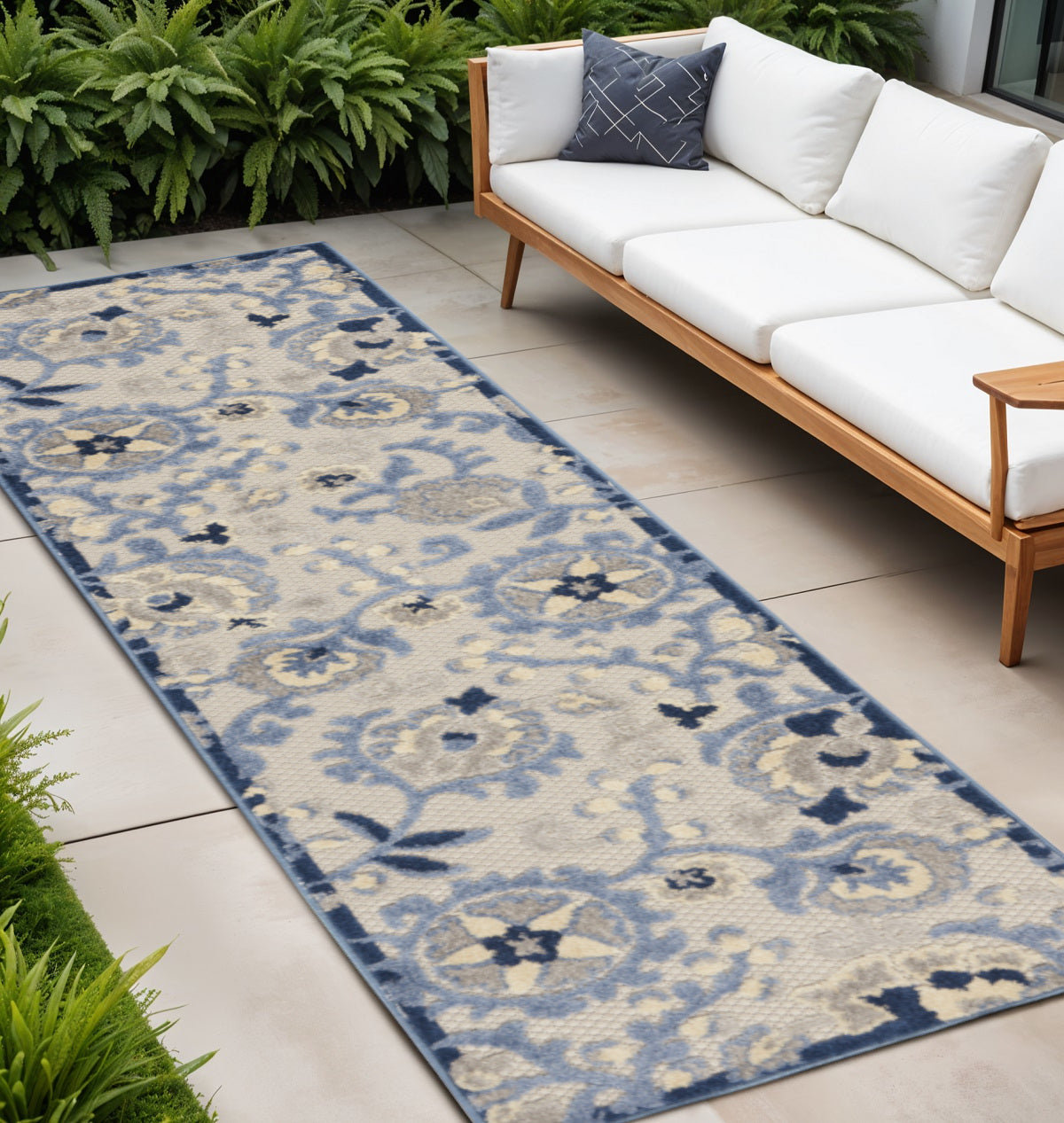 8' Blue And Gray Indoor Outdoor Runner Rug - Outdoor