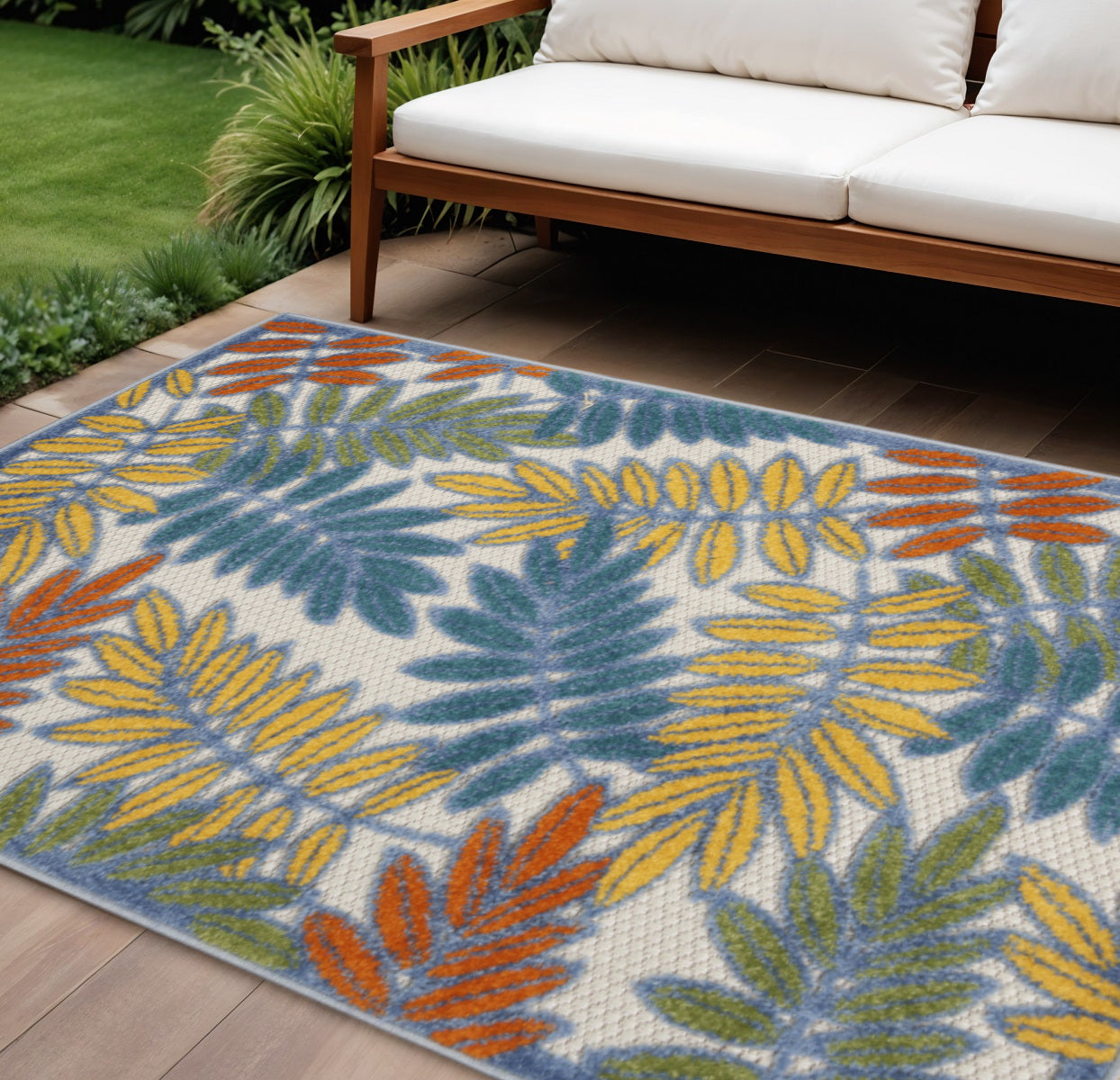 9' X 12' Ivory And Blue Indoor Outdoor Area Rug - Outdoor