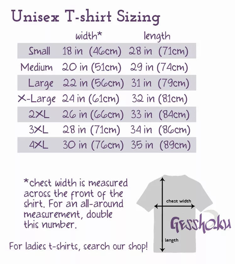 Unisex T-shirt sizing chart with width and length measurements
