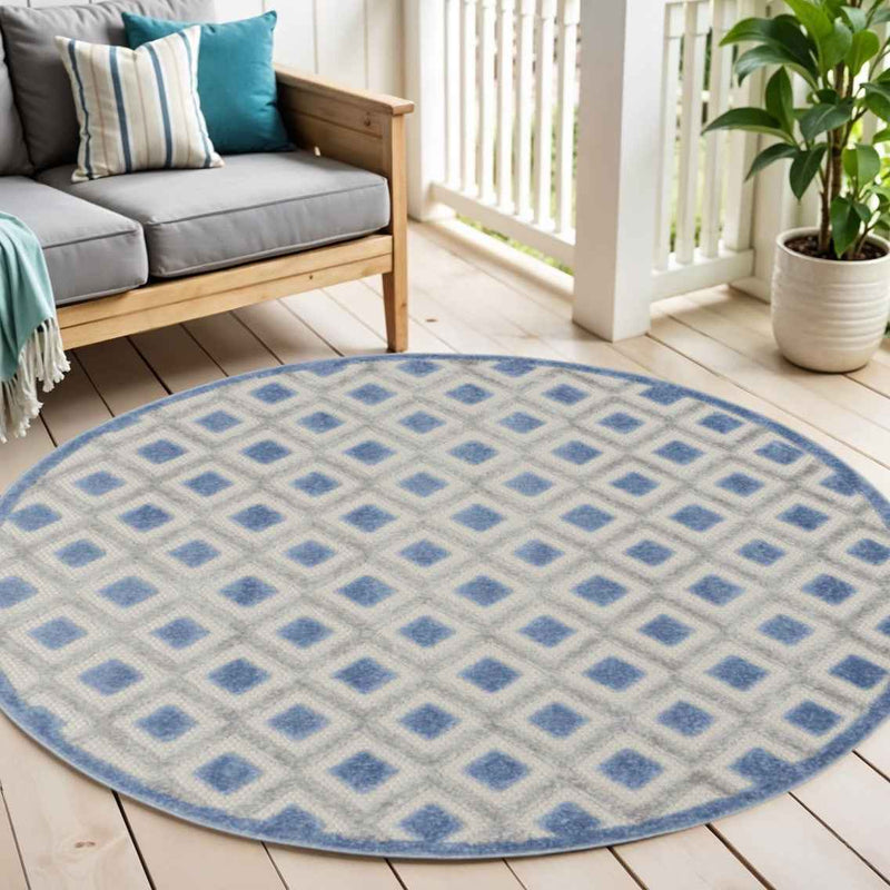 4' Blue And Gray Round Indoor Outdoor Area Rug