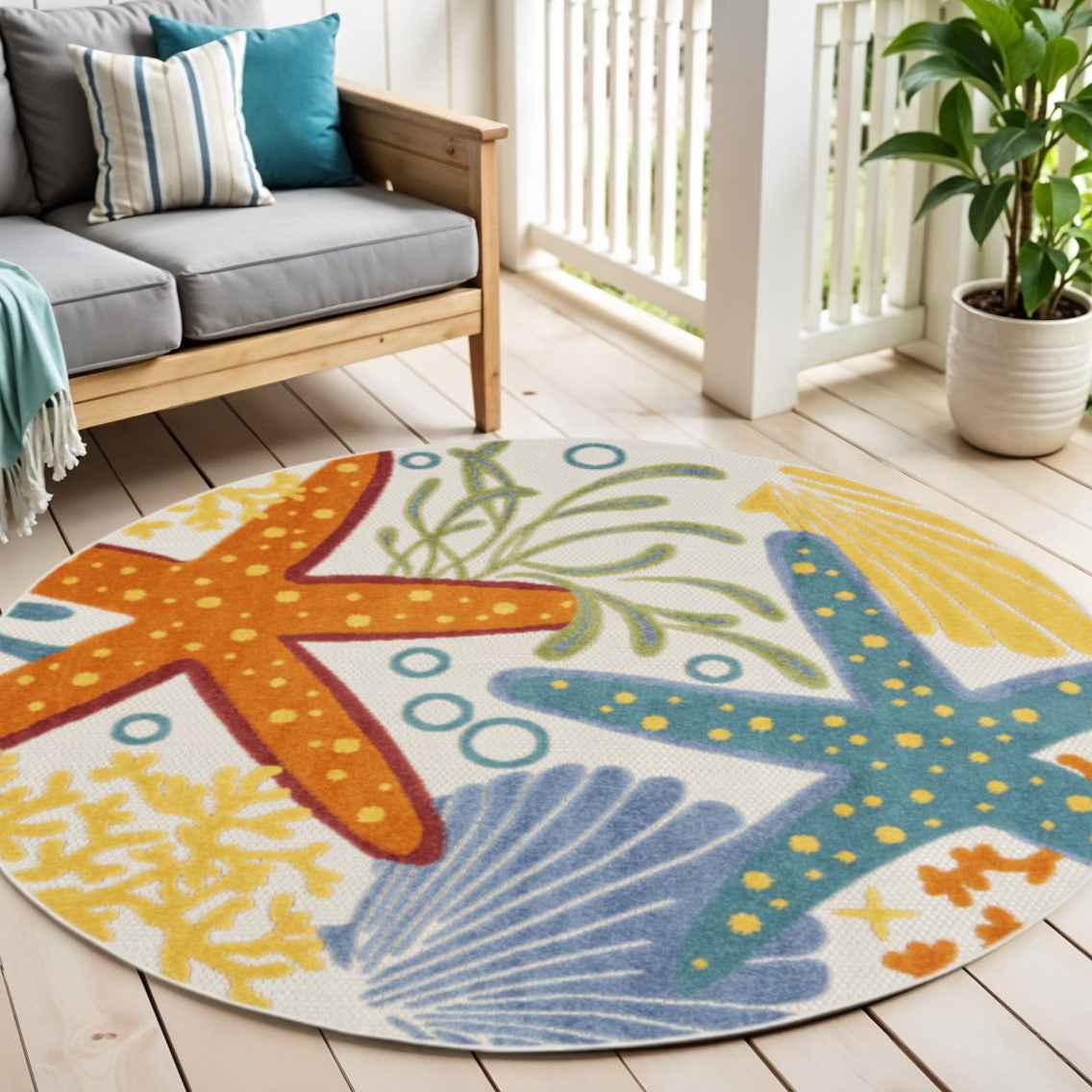 5' Yellow And Ivory Round Indoor Outdoor Area Rug