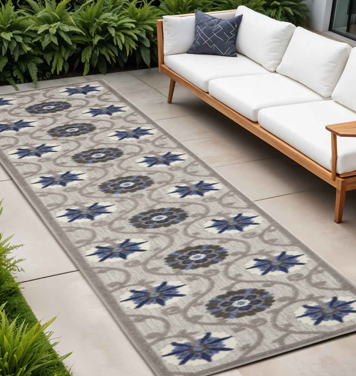 12' Blue And Gray Indoor Outdoor Runner Rug