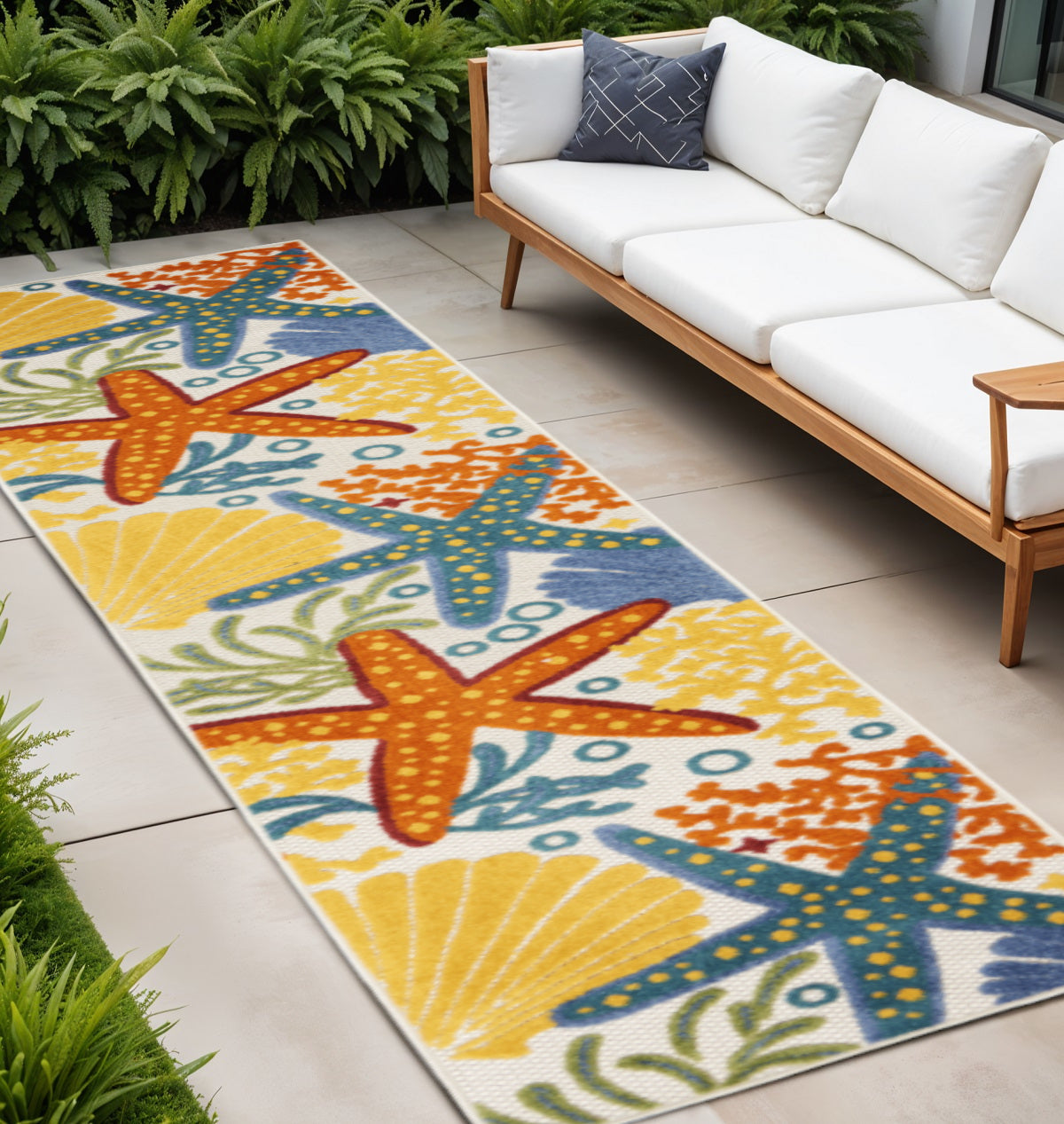 12' Blue And Yellow Indoor Outdoor Runner Rug - Outdoor