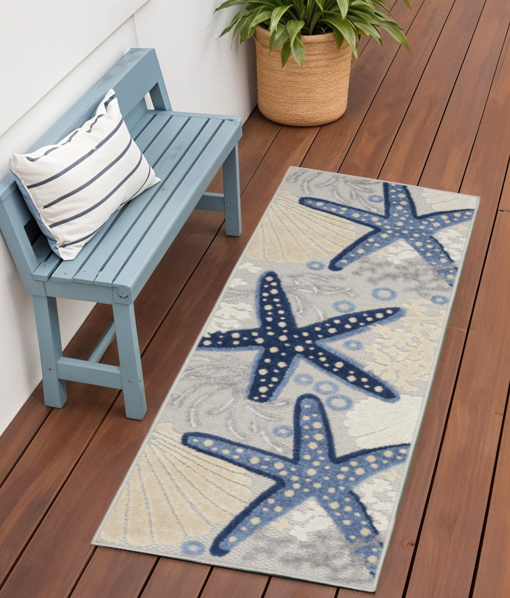 6' Blue And Gray Indoor Outdoor Runner Rug - Outdoor