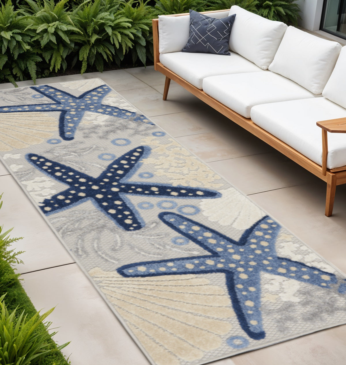 8' Blue And Gray Indoor Outdoor Runner Rug - Outdoor