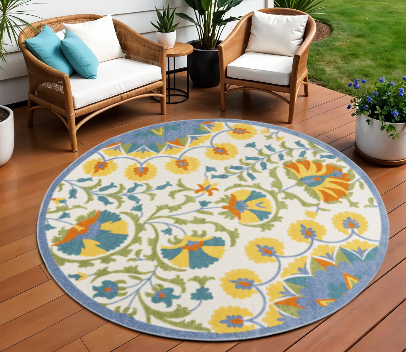 8' X 8' Blue And Yellow Round Indoor Outdoor Area Rug - Outdoor
