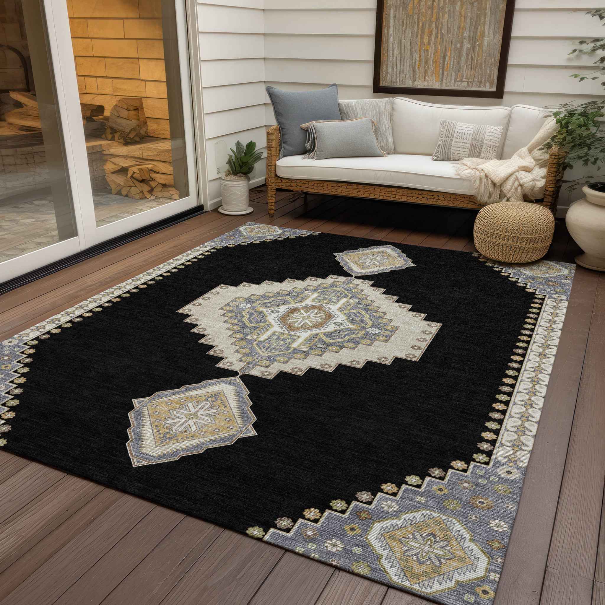 3' X 5' Black Gold And Gray Oriental Washable Indoor Outdoor Area Rug