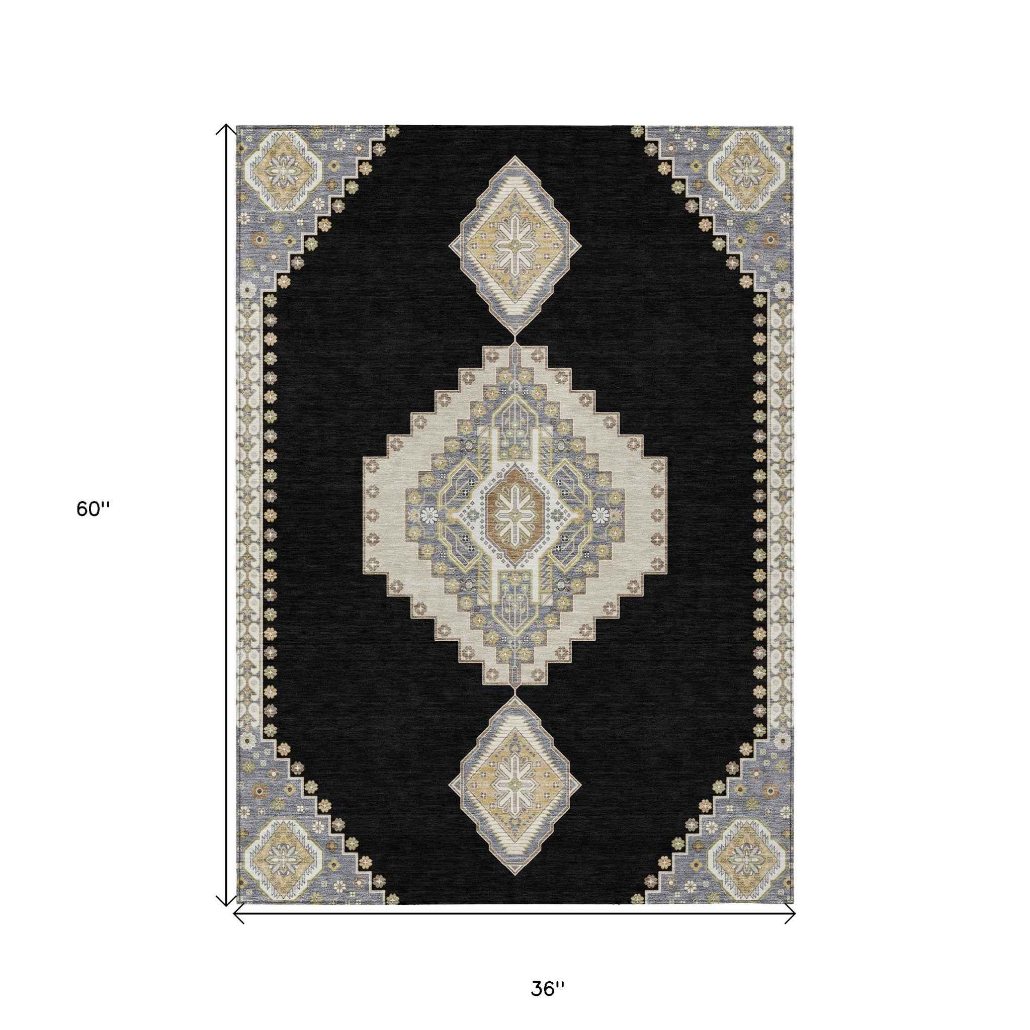 3' X 5' Black Gold And Gray Oriental Washable Indoor Outdoor Area Rug