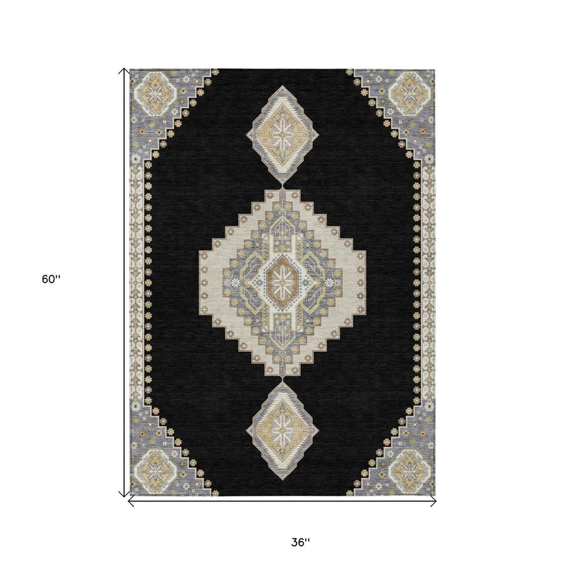 3' X 5' Black Gold And Gray Oriental Washable Indoor Outdoor Area Rug