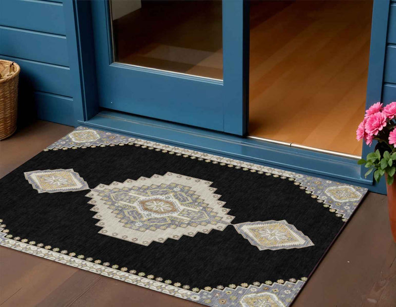 3' X 5' Black Gold And Gray Oriental Washable Indoor Outdoor Area Rug