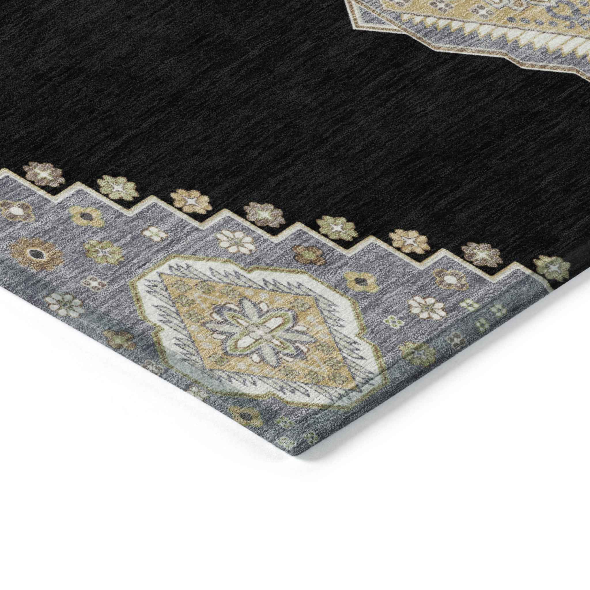 3' X 5' Black Gold And Gray Oriental Washable Indoor Outdoor Area Rug