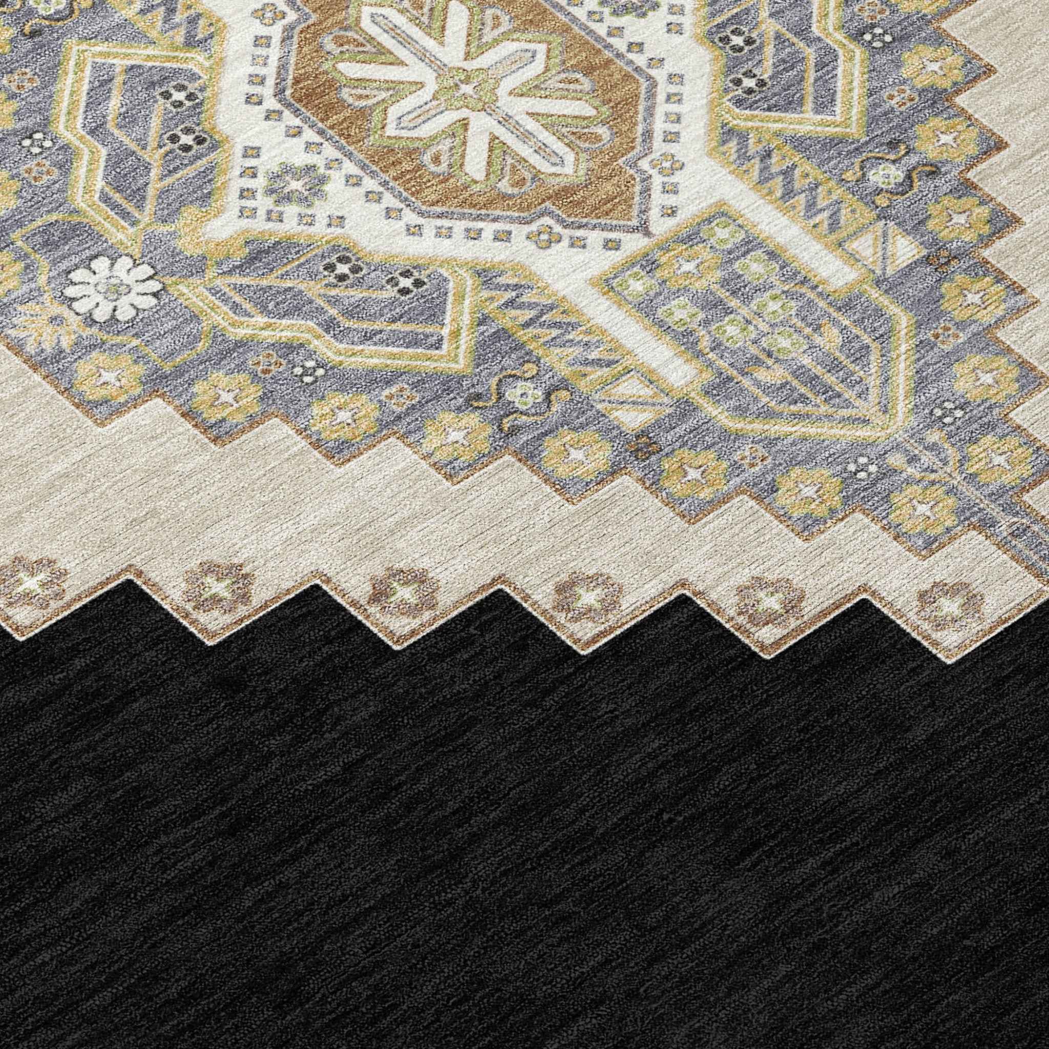 3' X 5' Black Gold And Gray Oriental Washable Indoor Outdoor Area Rug