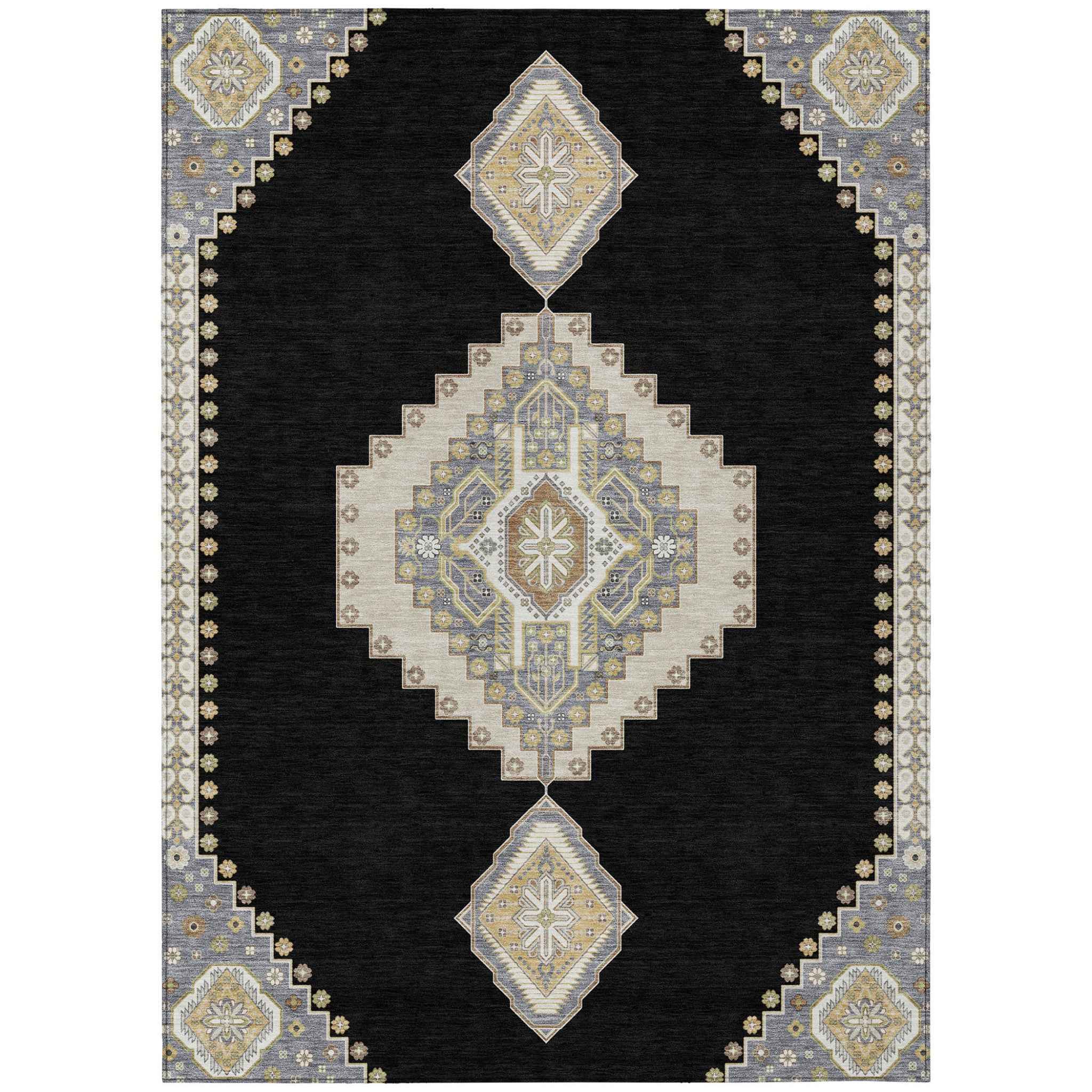 3' X 5' Black Gold And Gray Oriental Washable Indoor Outdoor Area Rug