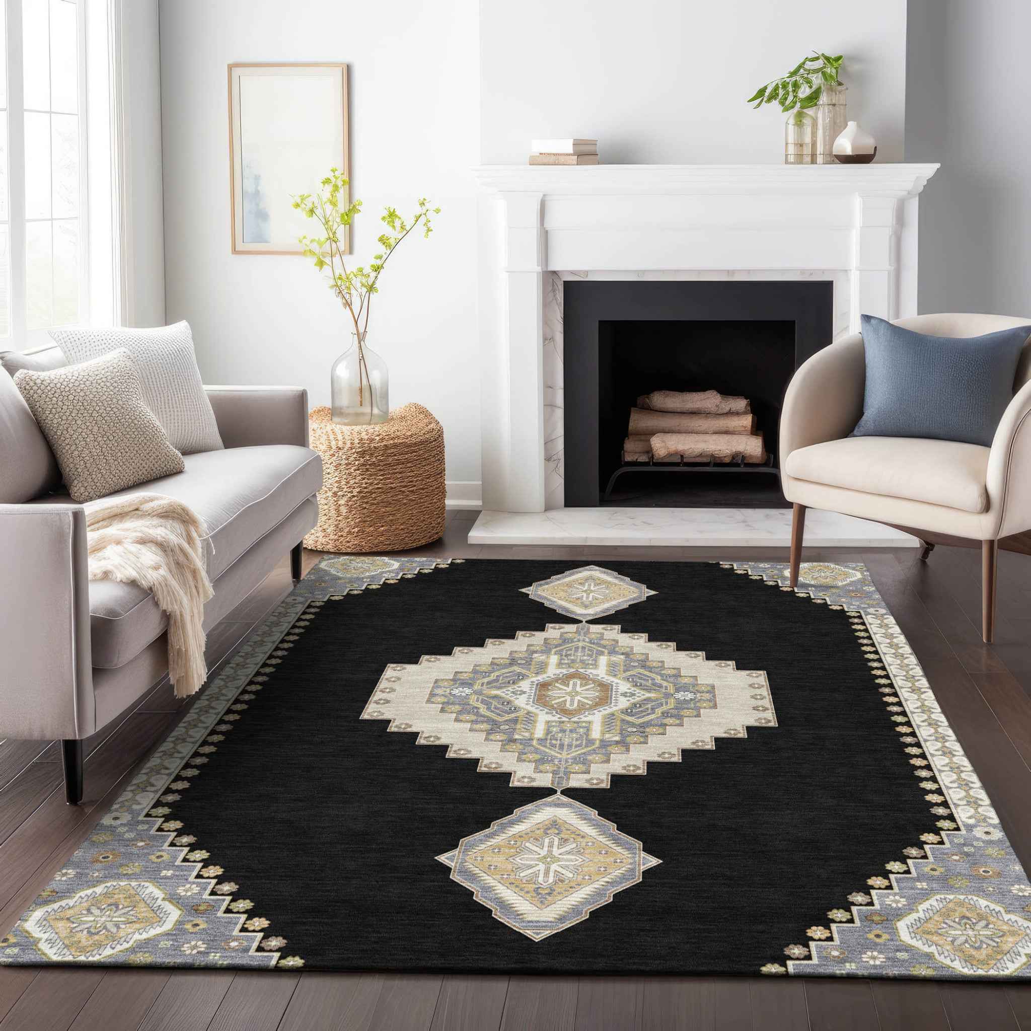 3' X 5' Black Gold And Gray Oriental Washable Indoor Outdoor Area Rug