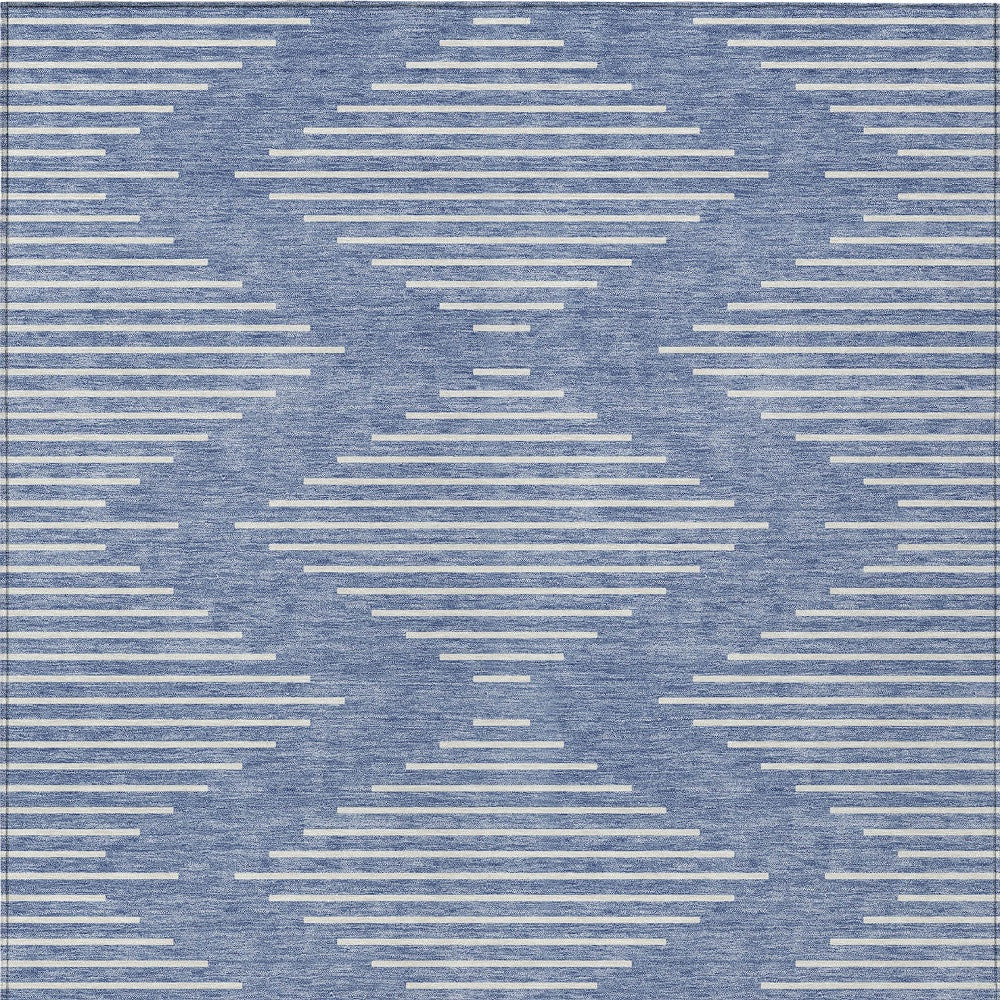 9' X 12' Denim Blue And Ivory Geometric Washable Indoor Outdoor Area Rug - Outdoor