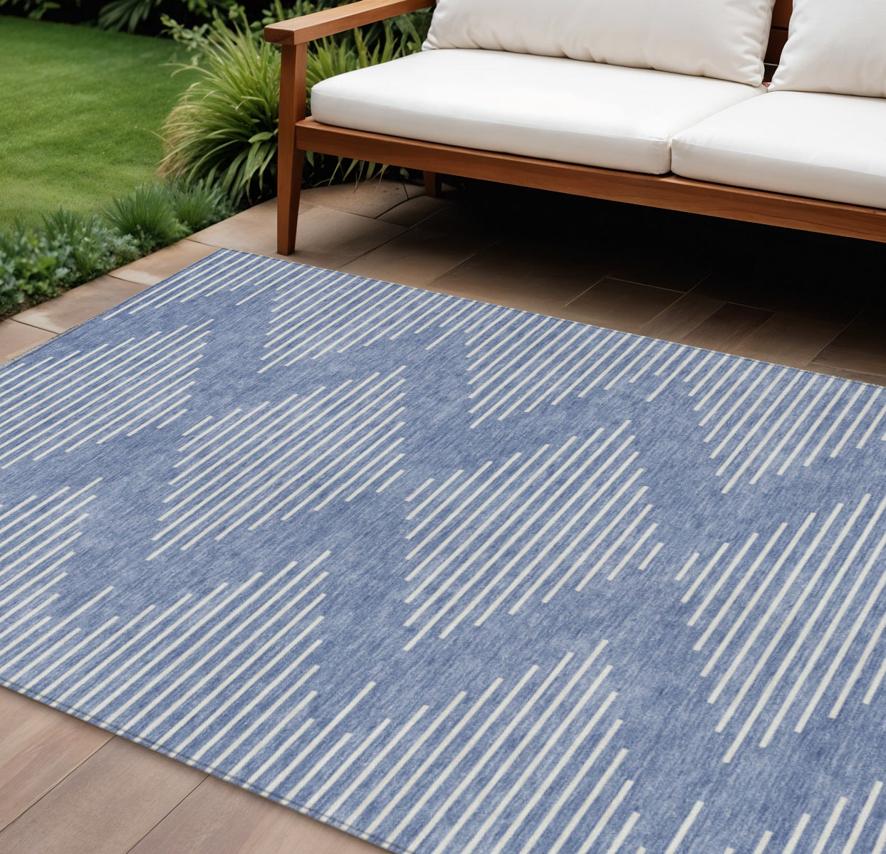 9' X 12' Denim Blue And Ivory Geometric Washable Indoor Outdoor Area Rug - Outdoor