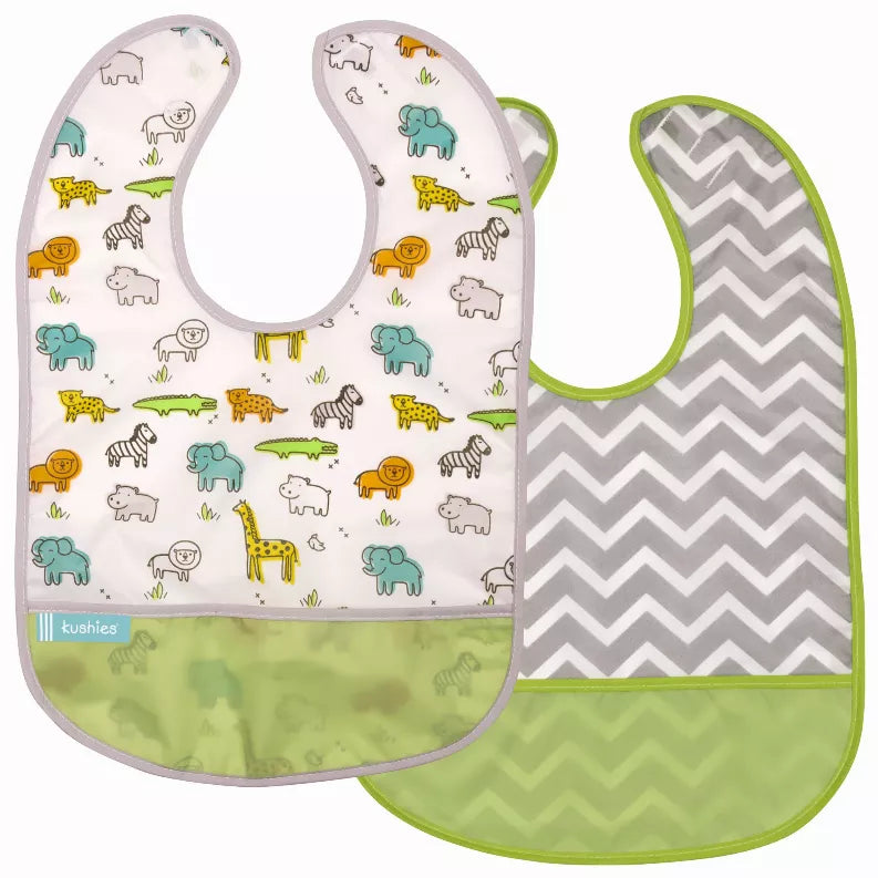 Set of two baby bibs: animal print front and gray zigzag chevron with green trim