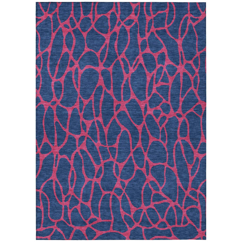 5' X 8' Navy Blue And Dark Pink Geometric Washable Indoor Outdoor Area Rug