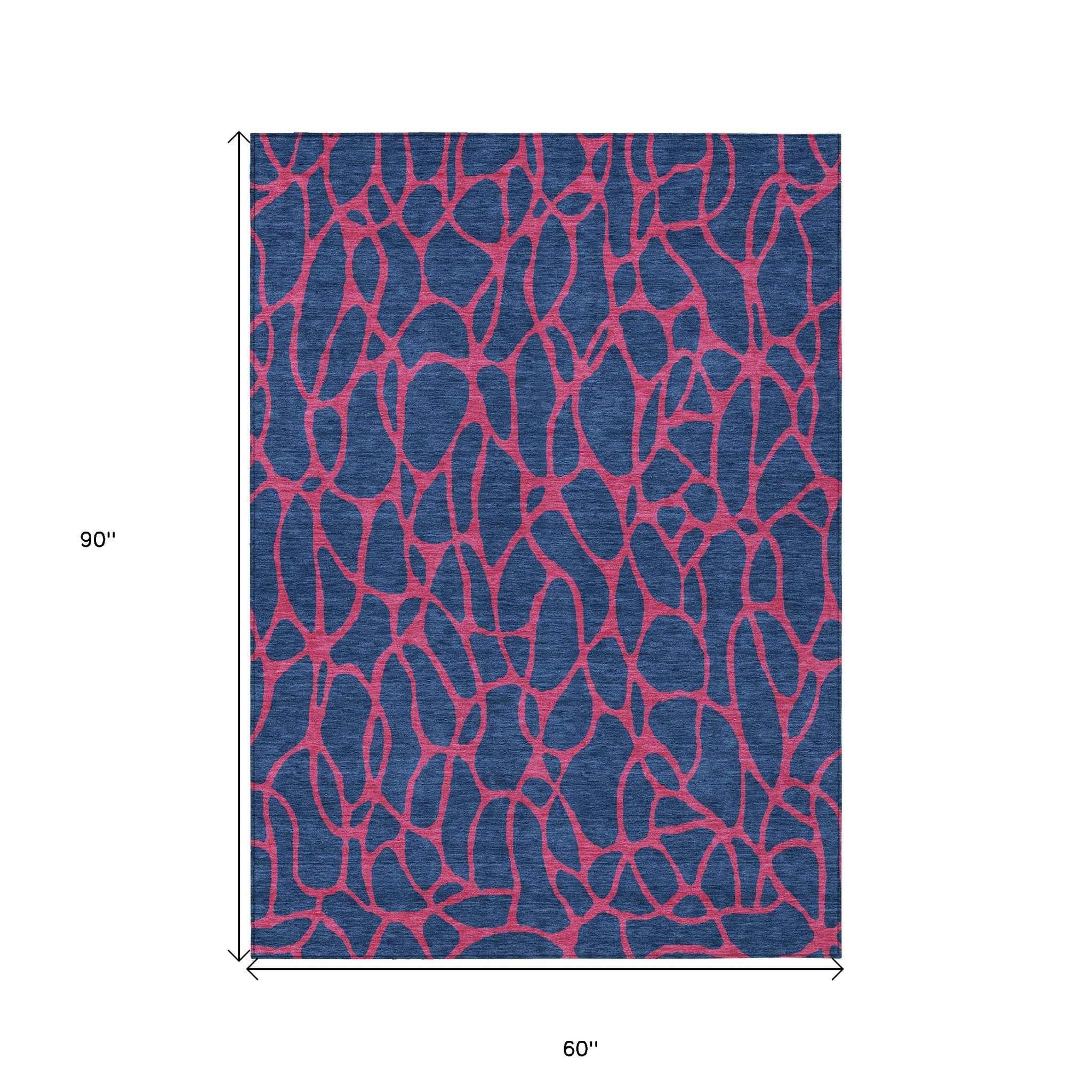 5' X 8' Navy Blue And Dark Pink Geometric Washable Indoor Outdoor Area Rug