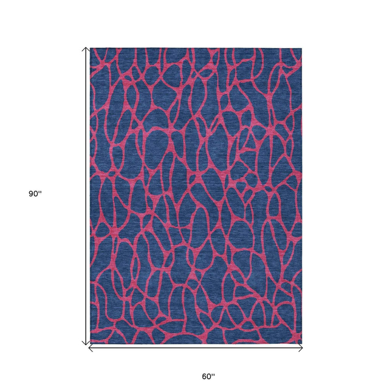 5' X 8' Navy Blue And Dark Pink Geometric Washable Indoor Outdoor Area Rug