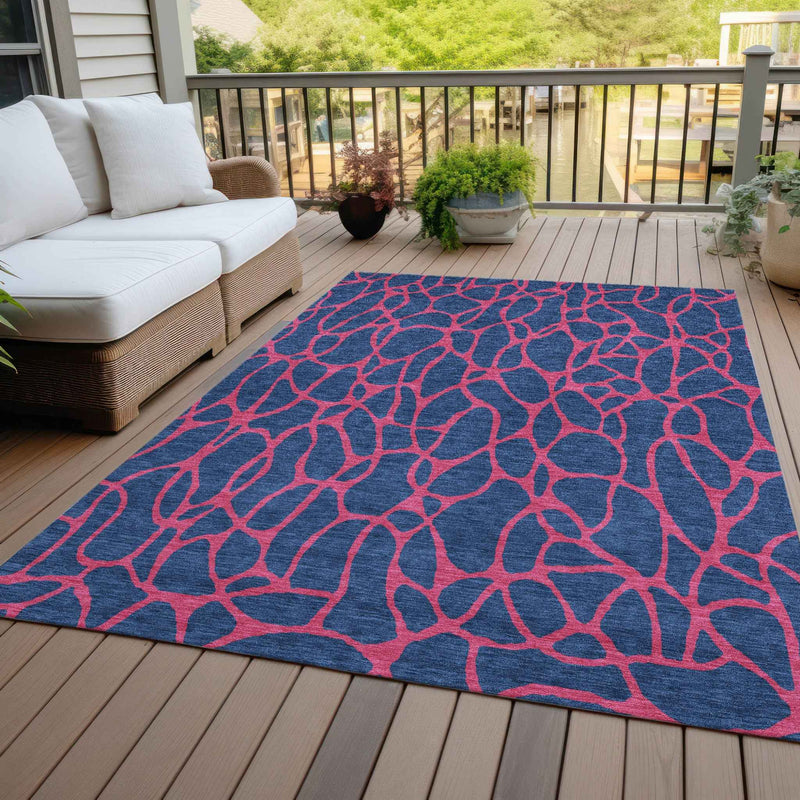 5' X 8' Navy Blue And Dark Pink Geometric Washable Indoor Outdoor Area Rug