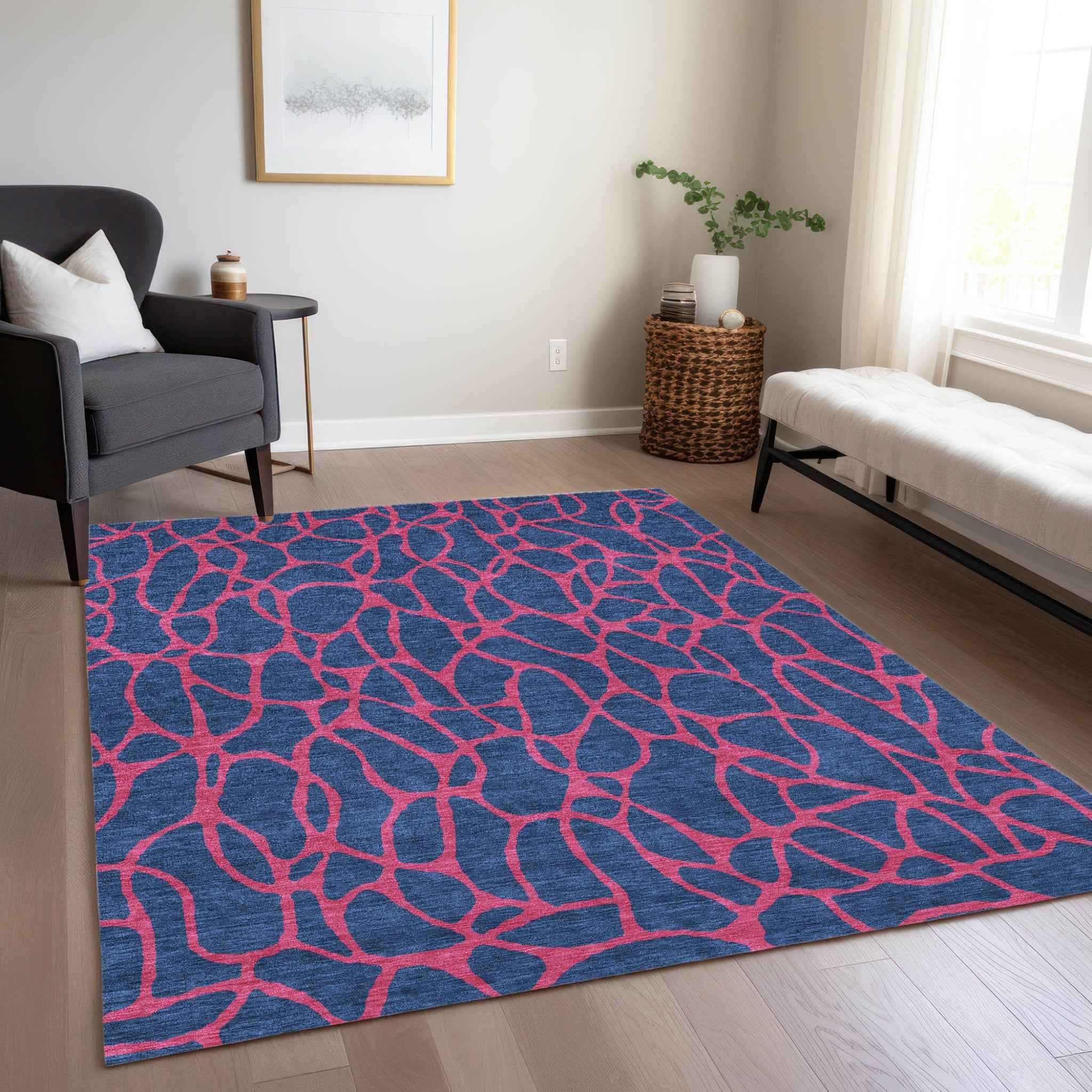 5' X 8' Navy Blue And Dark Pink Geometric Washable Indoor Outdoor Area Rug