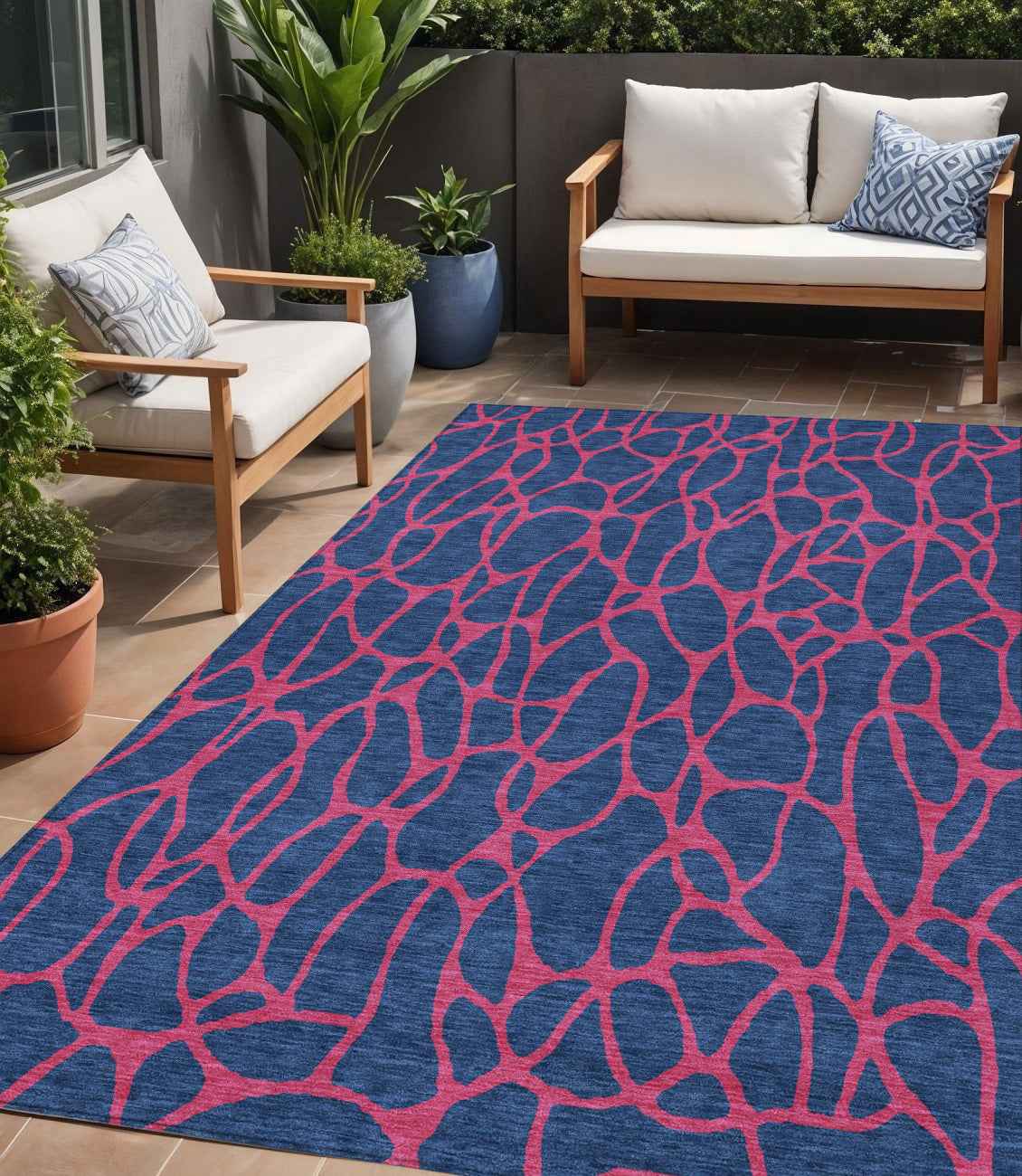5' X 8' Navy Blue And Dark Pink Geometric Washable Indoor Outdoor Area Rug