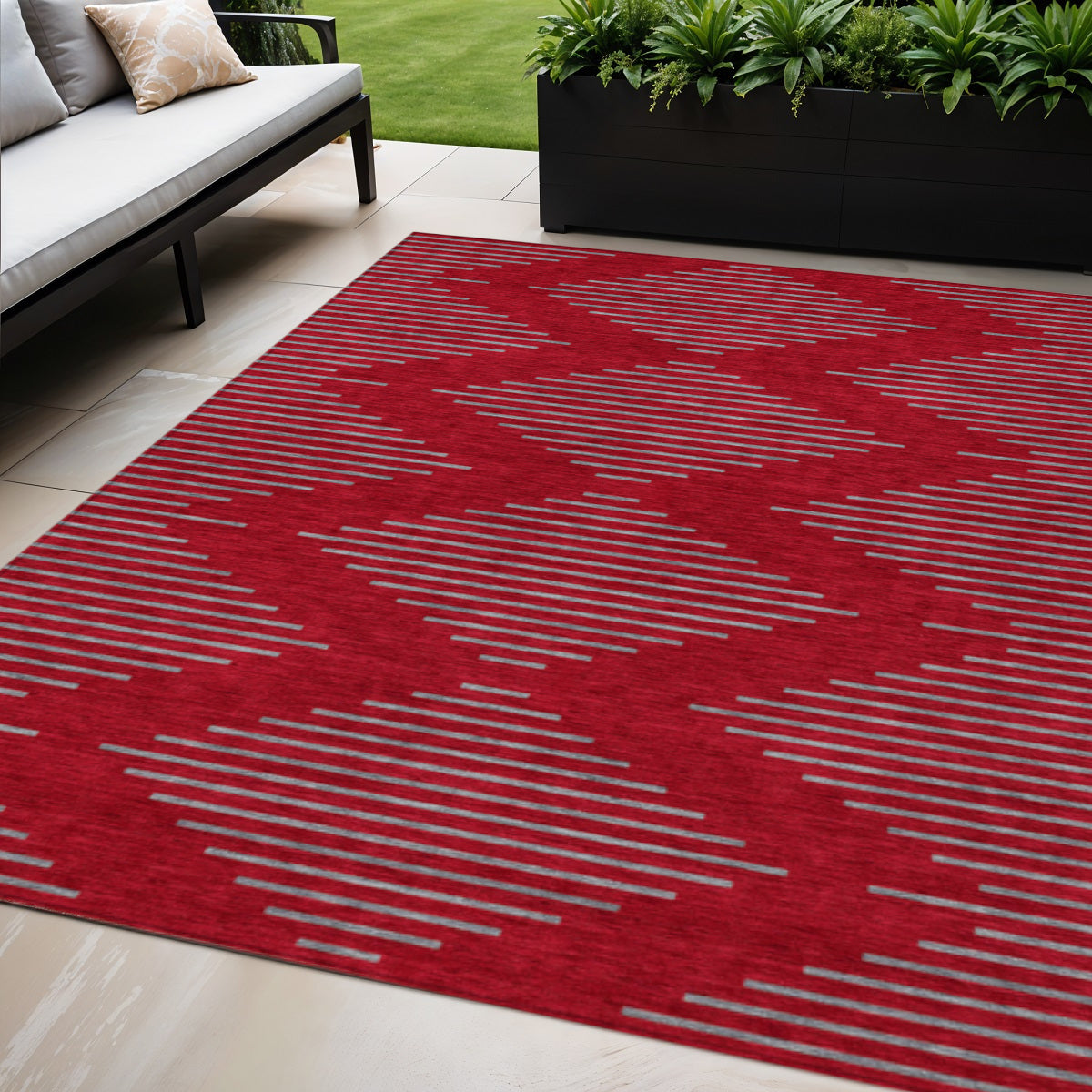 5' X 8' Red And Gray Geometric Washable Indoor Outdoor Area Rug - Outdoor