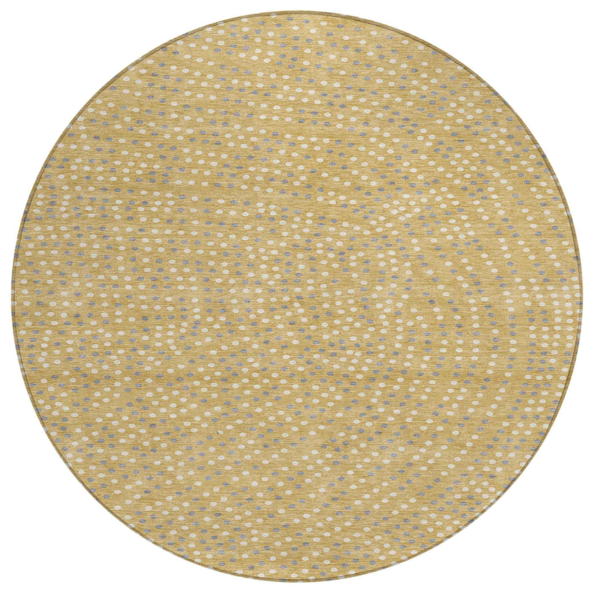 8' Gold Gray And Ivory Round Polka Dot Washable Indoor Outdoor Area Rug
