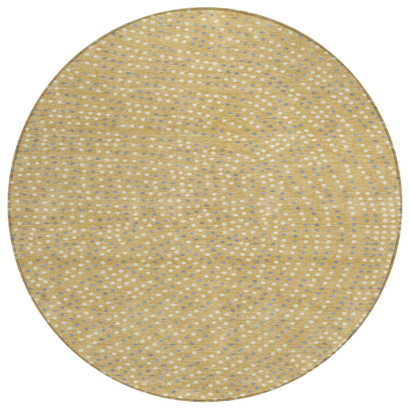 8' Gold Gray And Ivory Round Polka Dot Washable Indoor Outdoor Area Rug