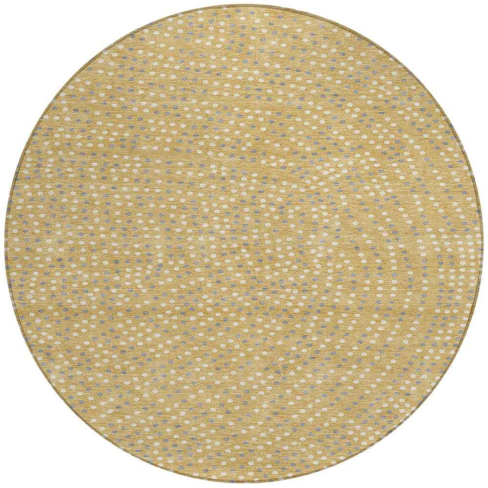 8' Gold Gray And Ivory Round Polka Dot Washable Indoor Outdoor Area Rug