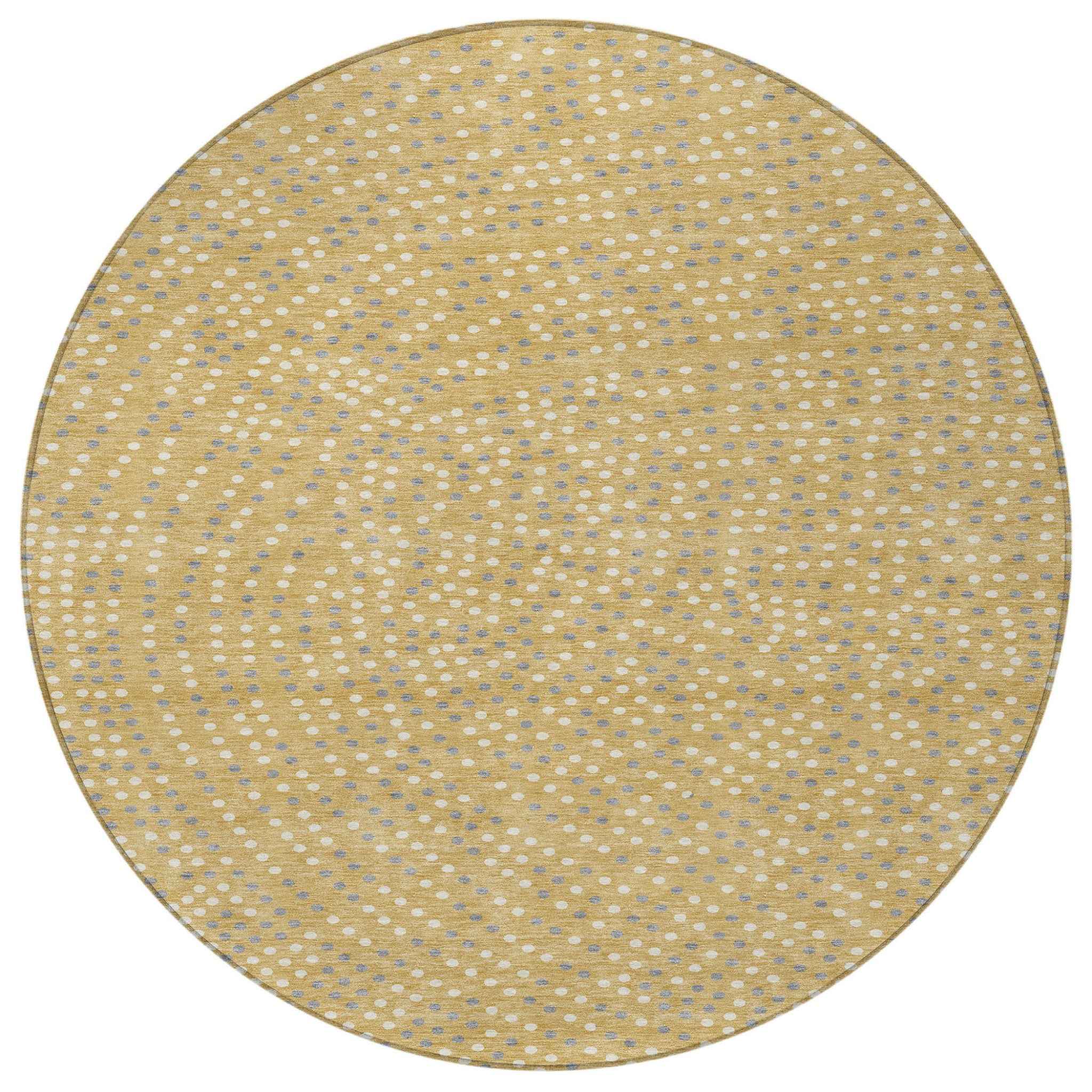 8' Gold Gray And Ivory Round Polka Dot Washable Indoor Outdoor Area Rug