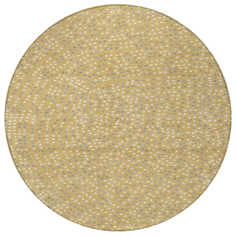 8' Gold Gray And Ivory Round Polka Dot Washable Indoor Outdoor Area Rug