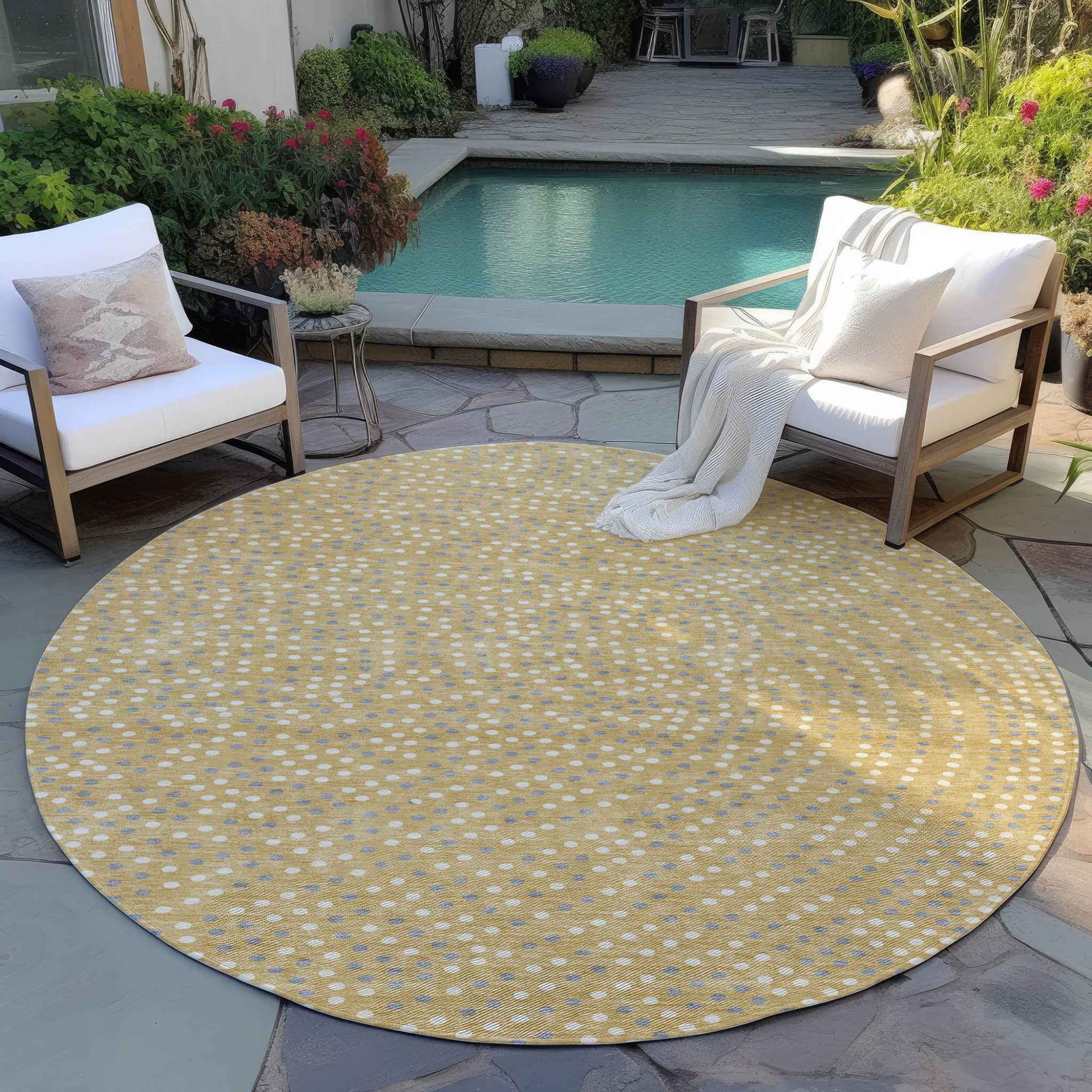 8' Gold Gray And Ivory Round Polka Dot Washable Indoor Outdoor Area Rug