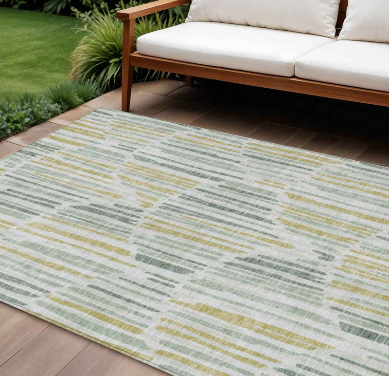 10' X 14' Sage Artichoke Green And Gold Abstract Washable Indoor Outdoor Area Rug