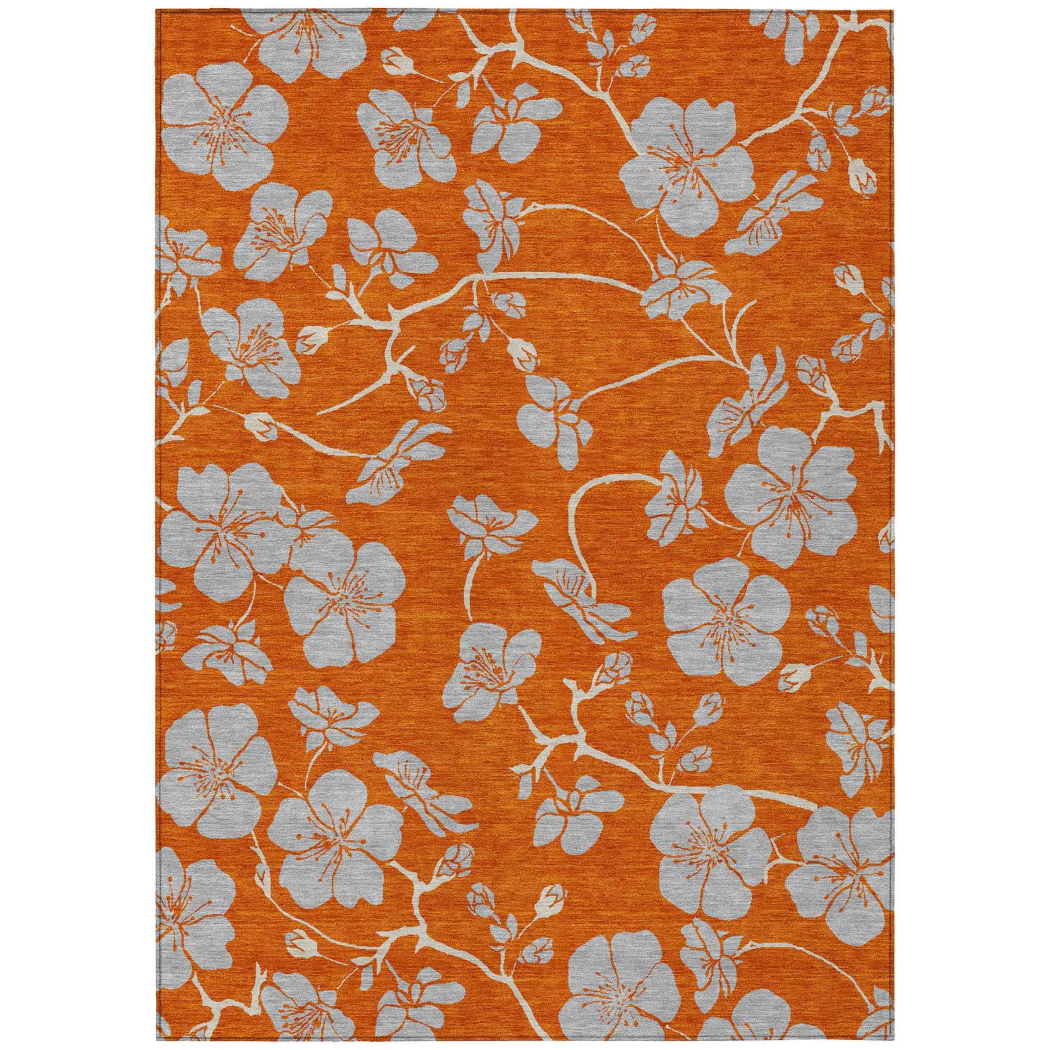 8' X 10' Orange And Gray Floral Washable Indoor Outdoor Area Rug