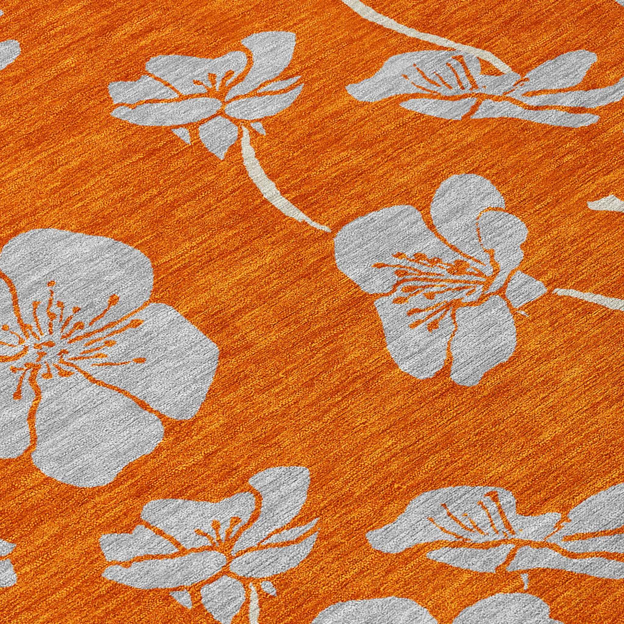 8' X 10' Orange And Gray Floral Washable Indoor Outdoor Area Rug