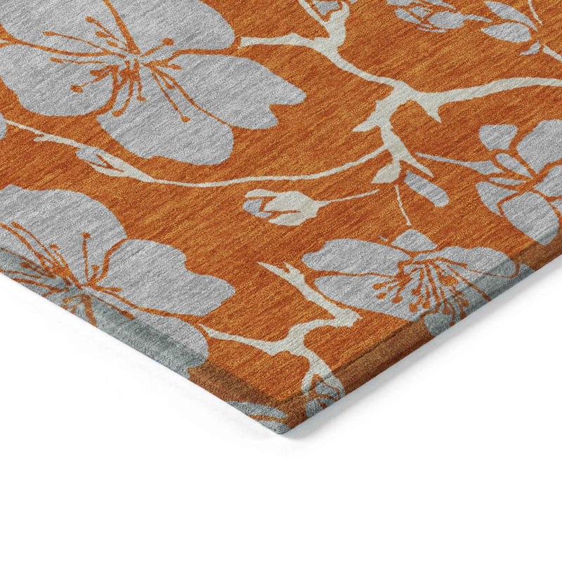8' X 10' Orange And Gray Floral Washable Indoor Outdoor Area Rug
