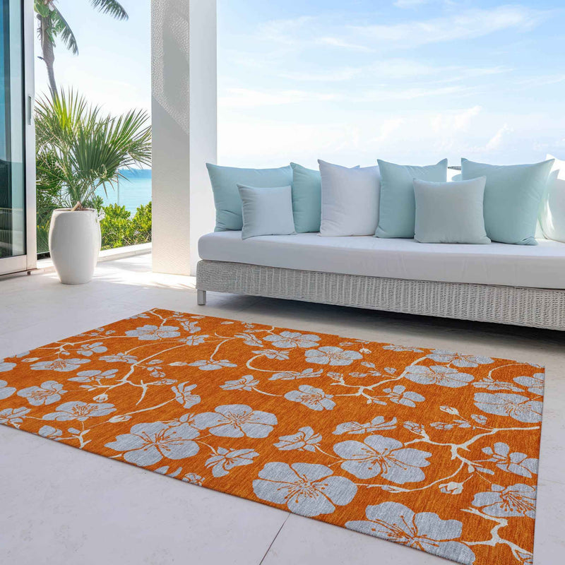 8' X 10' Orange And Gray Floral Washable Indoor Outdoor Area Rug