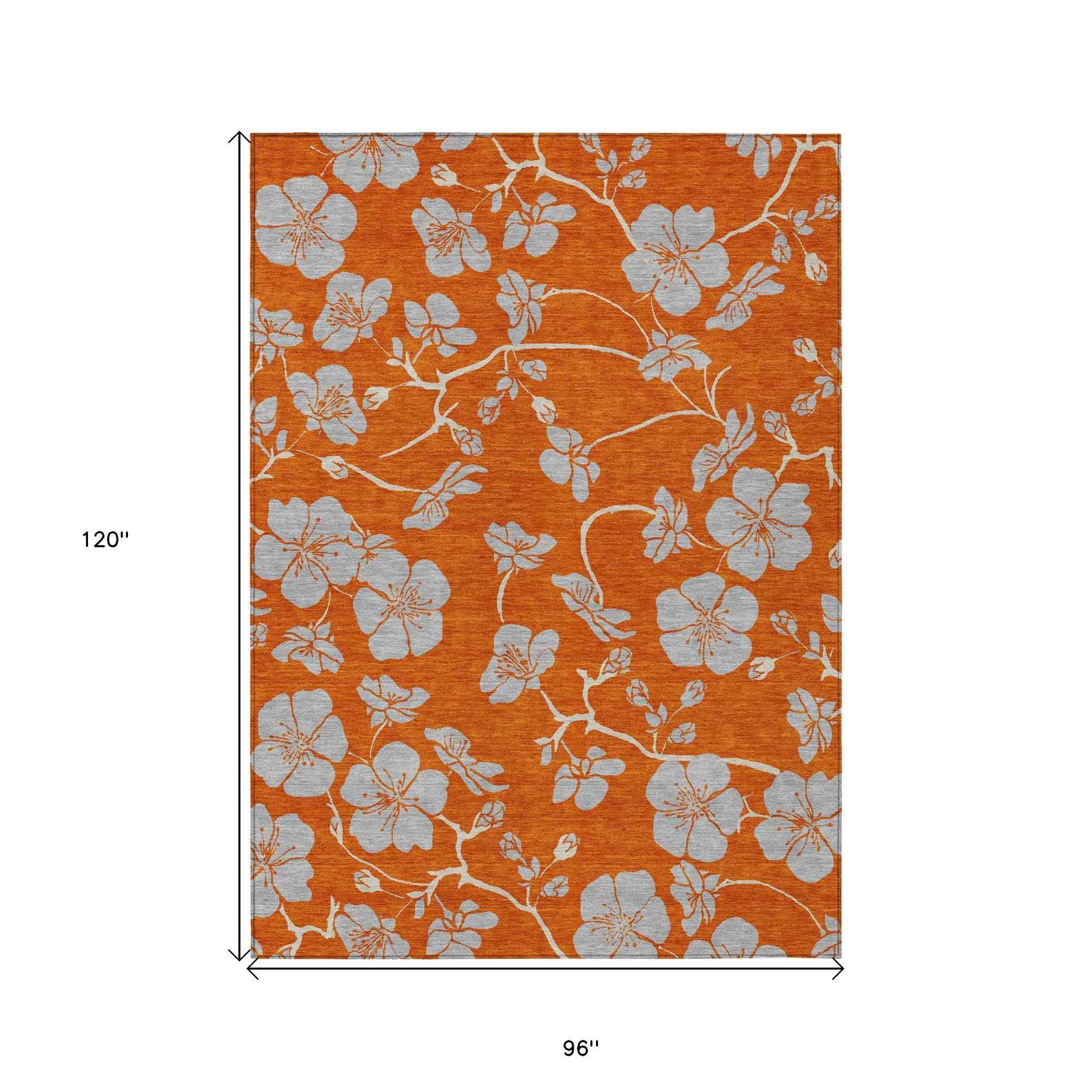 8' X 10' Orange And Gray Floral Washable Indoor Outdoor Area Rug