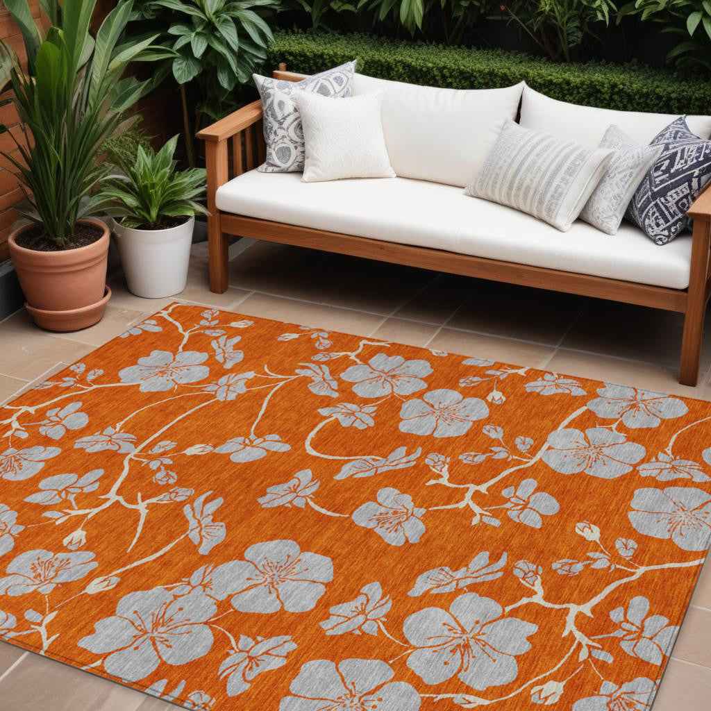 8' X 10' Orange And Gray Floral Washable Indoor Outdoor Area Rug