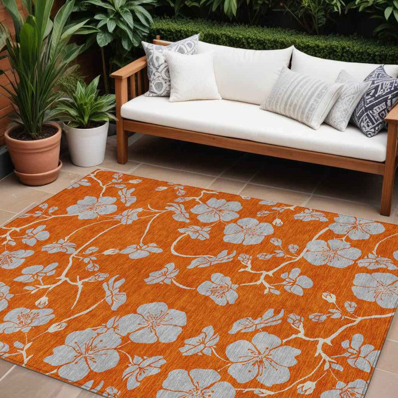 8' X 10' Orange And Gray Floral Washable Indoor Outdoor Area Rug