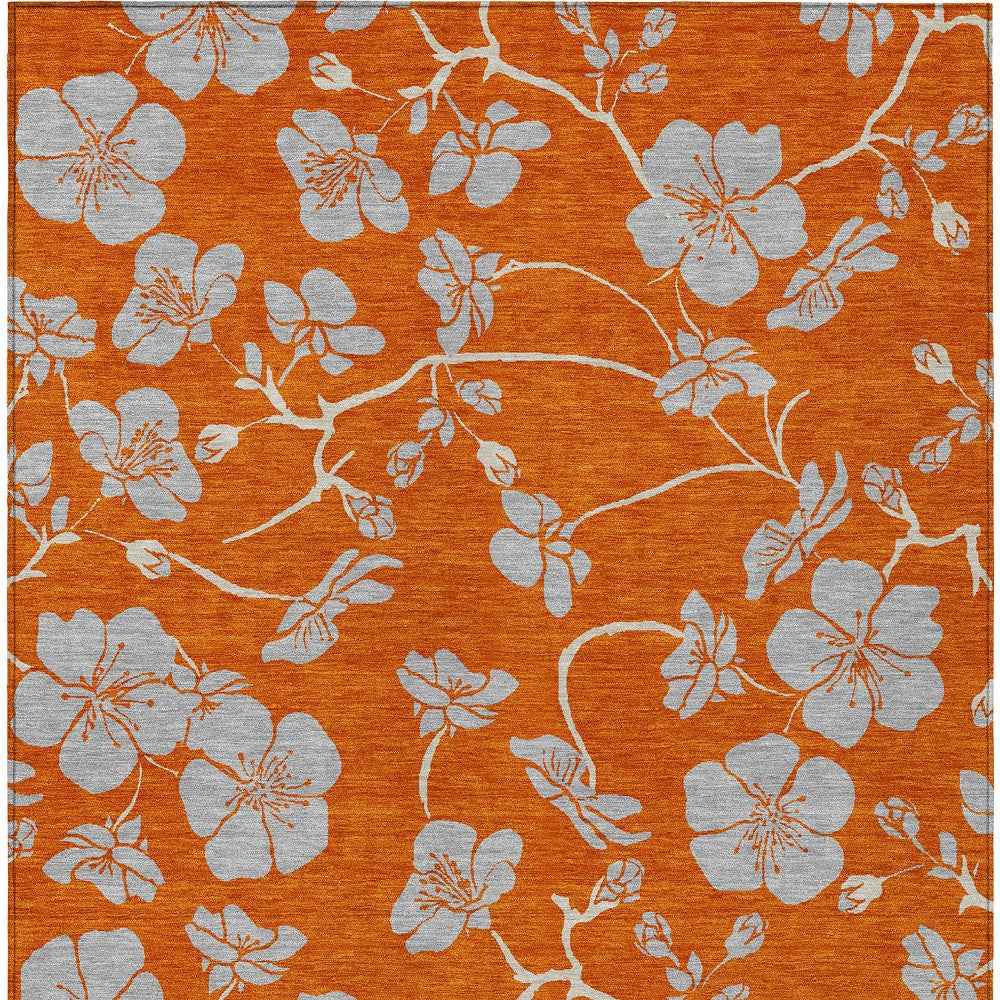8' X 10' Orange And Gray Floral Washable Indoor Outdoor Area Rug