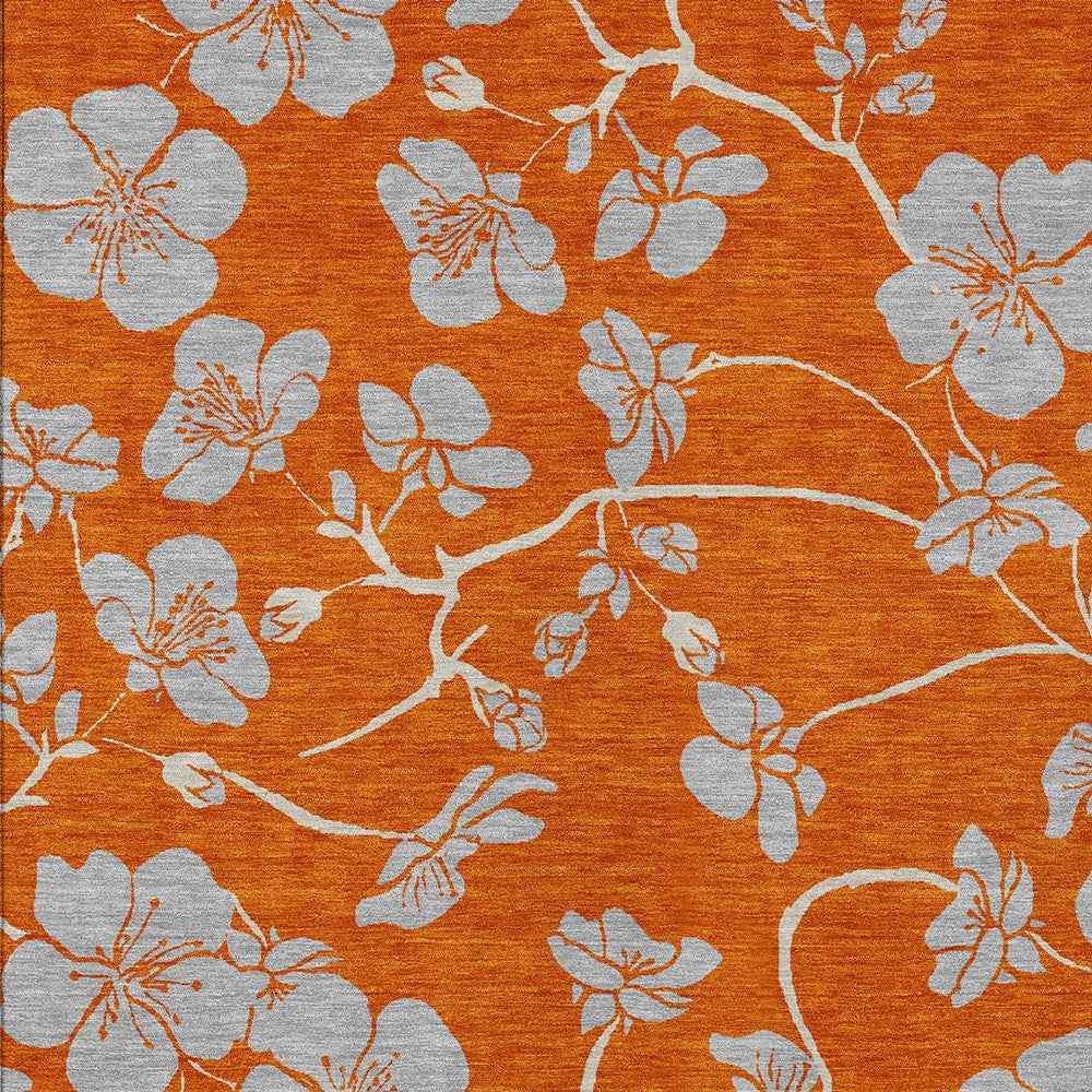 8' X 10' Orange And Gray Floral Washable Indoor Outdoor Area Rug