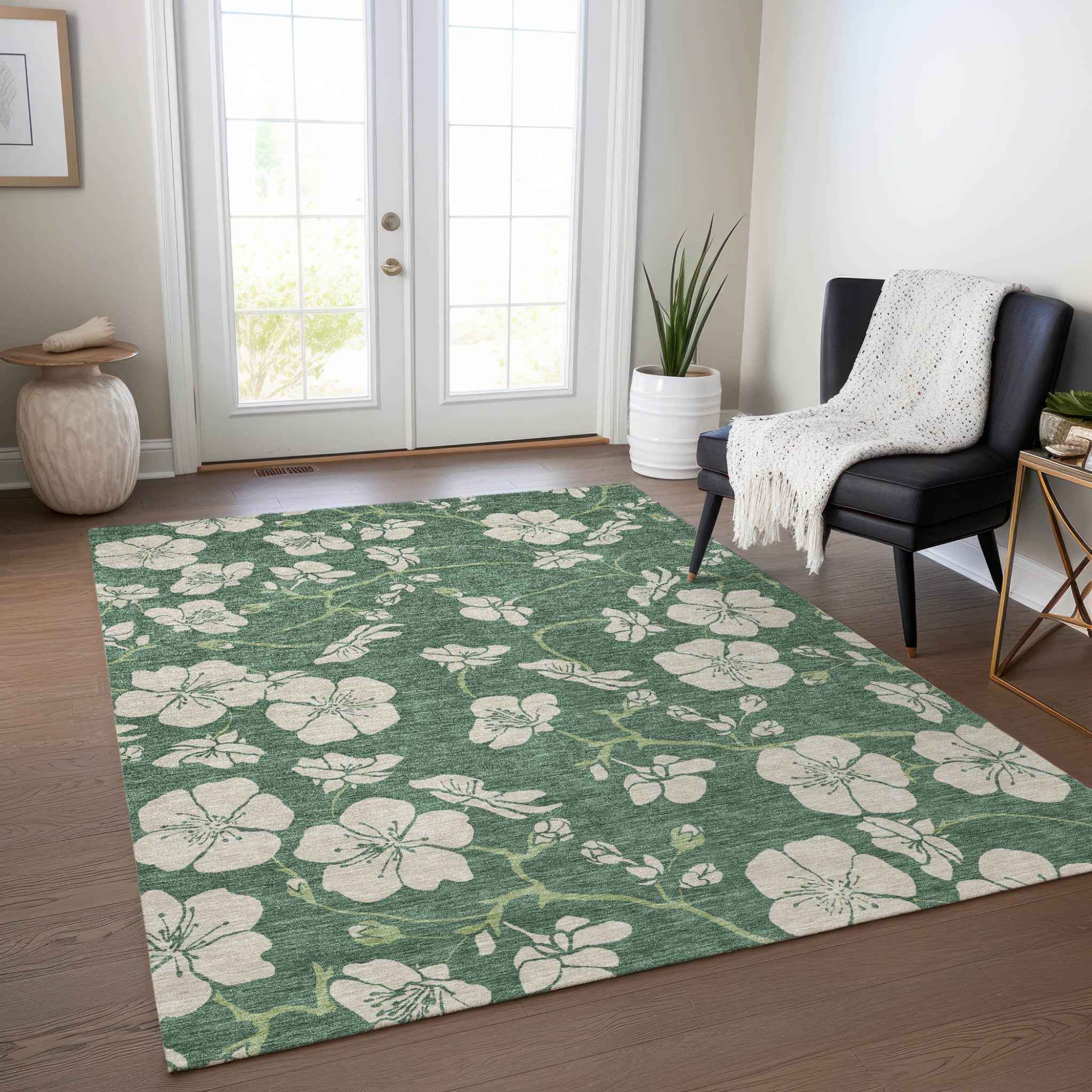 8' X 10' Sage And Ivory Floral Washable Indoor Outdoor Area Rug