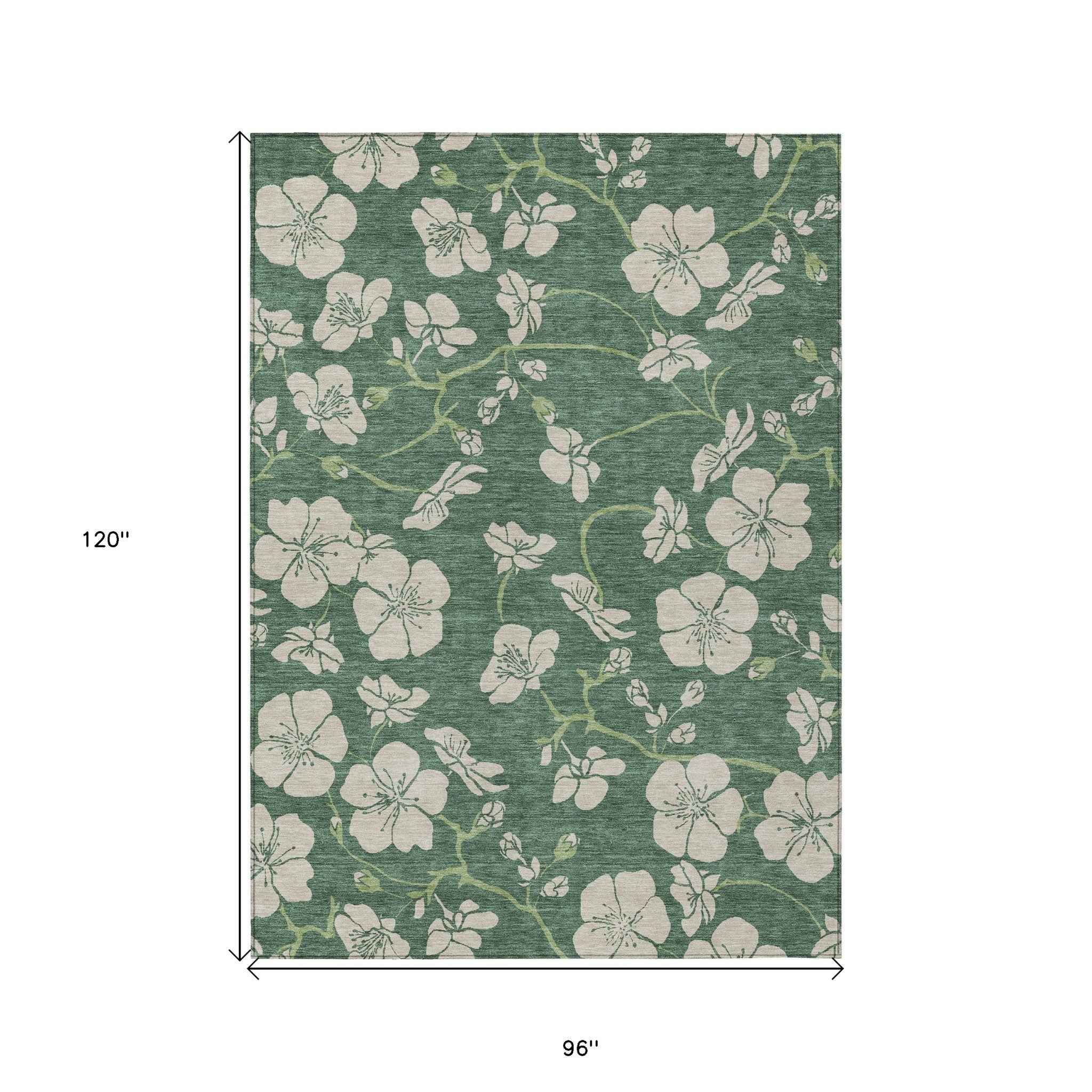 8' X 10' Sage And Ivory Floral Washable Indoor Outdoor Area Rug