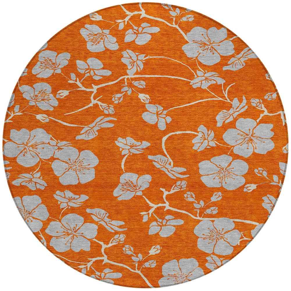 8' Orange And Gray Round Floral Washable Indoor Outdoor Area Rug