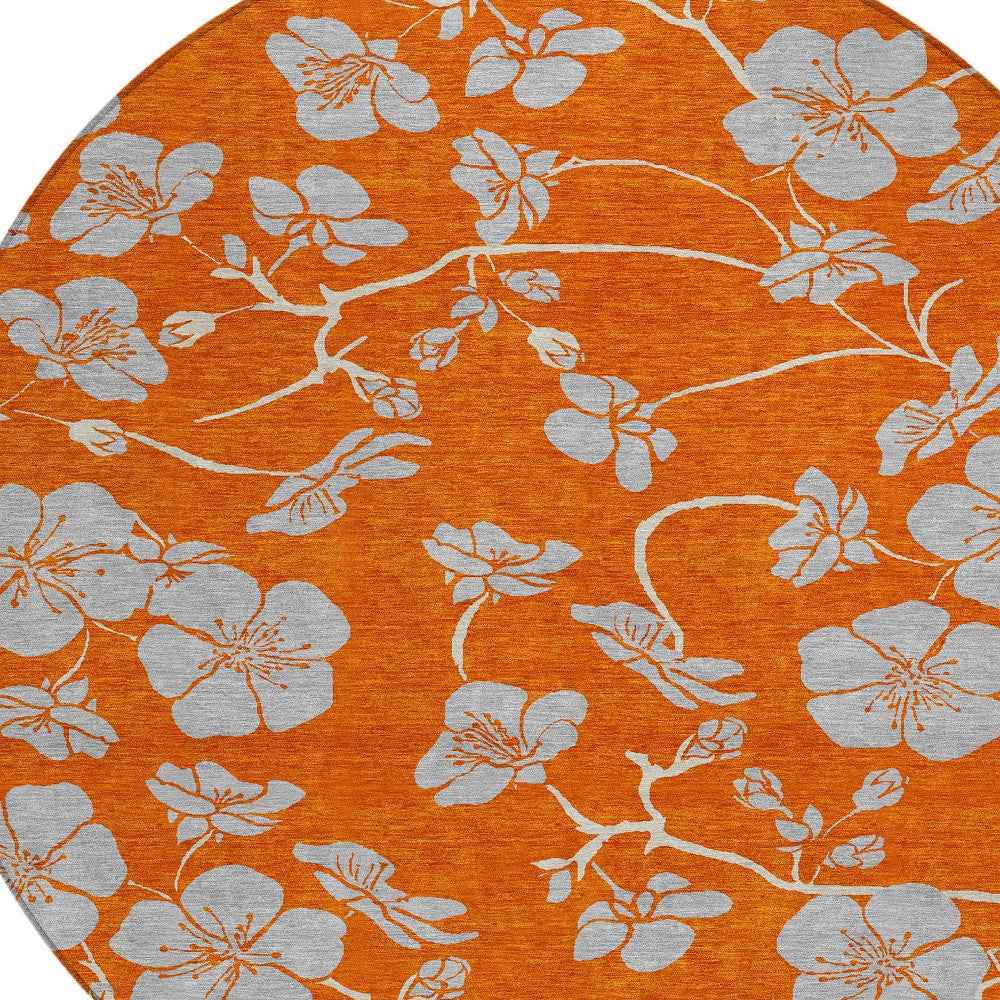 8' Orange And Gray Round Floral Washable Indoor Outdoor Area Rug