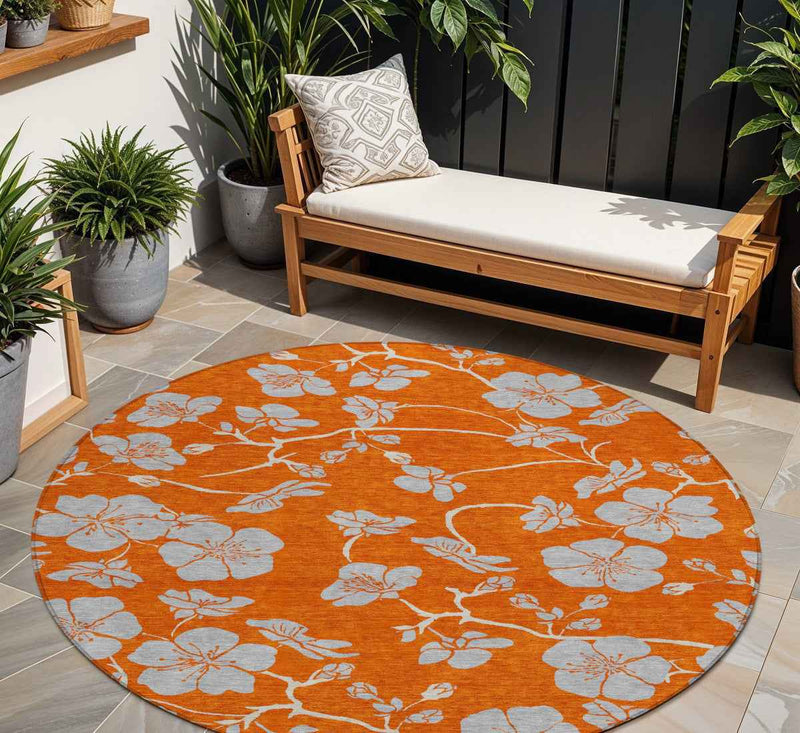 8' Orange And Gray Round Floral Washable Indoor Outdoor Area Rug